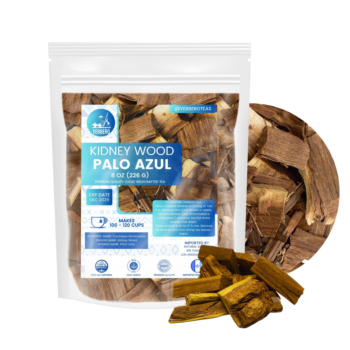 Yerbero - Palo Azul 8oz (226 g) Herbal Loose Tea | Kidneywood (Blue Stick) Te Herbal | Makes 80+ Cups | Wildcrafted Kidney Wood 
