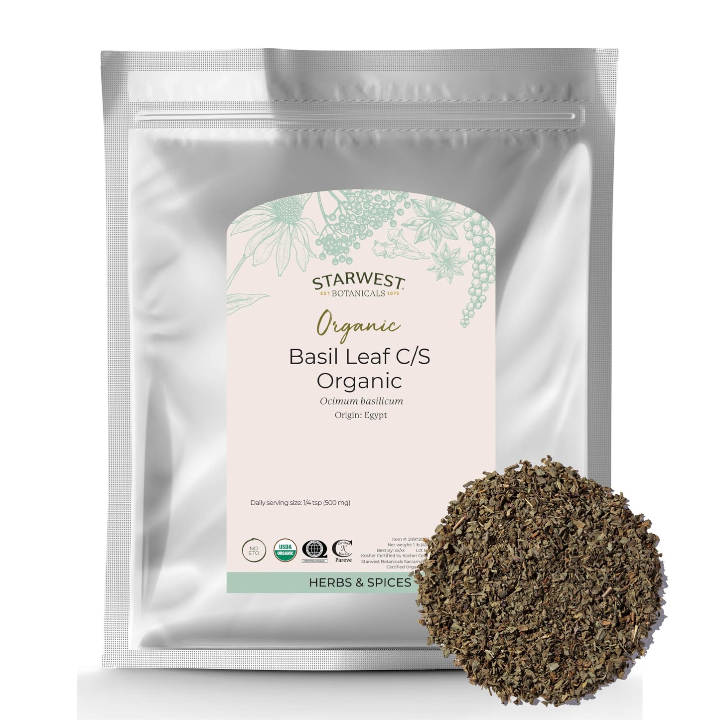 Starwest Botanicals Organic Basil Leaves - Dried Sweet Basil Leaf, Herb for Seasoning Blends & Cooking, Cut & Sifted, Certified Kosher, Non-GMO - Bulk 1 lb Bag