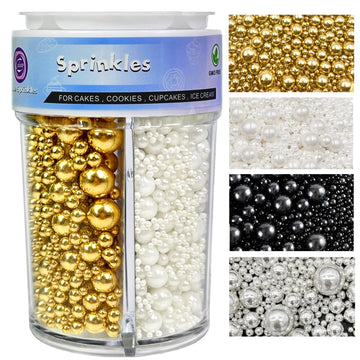 Sprinkles Pearl Mix 4 Colors for Cake Decorating, Gold White and Silver Sprinkles Black Pearl for Baking Cake Cupcake Cookie Ice