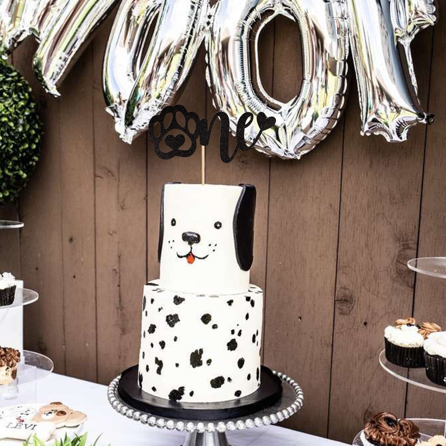 1 Pcs One Cake Topper Black Glitter First Birthday Dog Paw Cake Pick For Puppy Dog Let'S Pawty Theme Baby Shower Kids Boys Girls