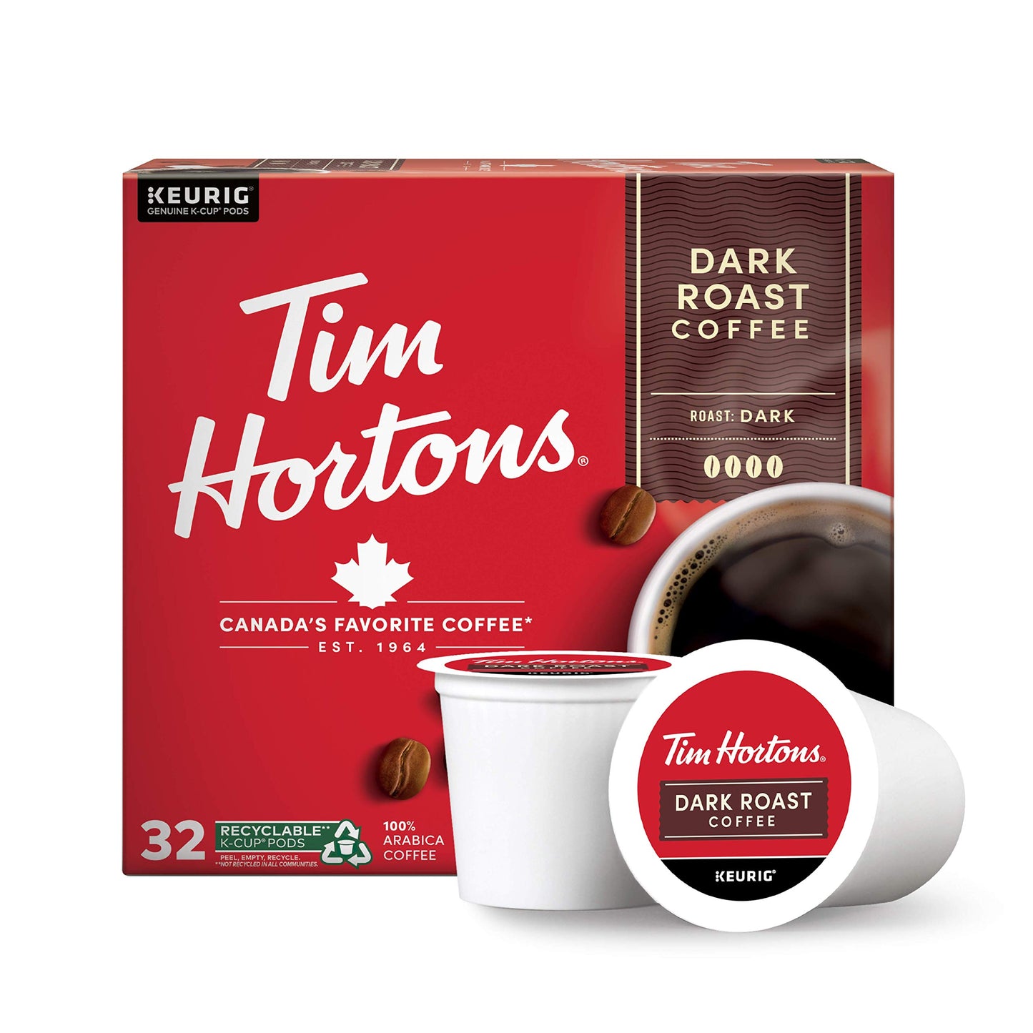 Tim Hortons Dark Roast Coffee K-Cup Pods, 32 Count, Compatible with Keurig Brewers, Red
