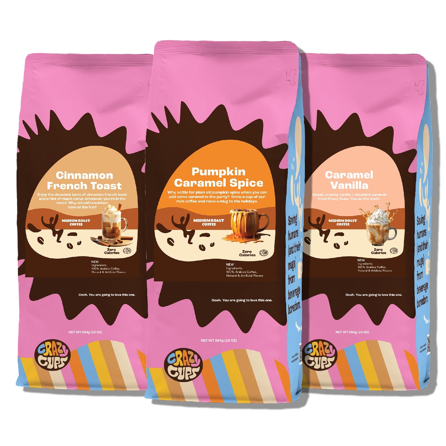 Crazy Cups Flavored Ground Coffee Variety Pack, 10 oz Bags, Includes Cinnamon French Toast, Caramel Vanilla, Pumpkin Caramel Spice, Pack of 3