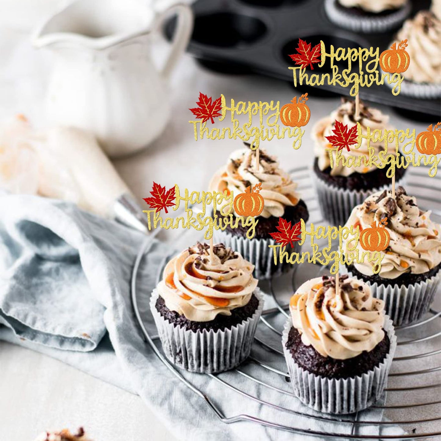 24 Pcs Happy Thanksgiving Cupcake Toppers With Glitter Maple Leaf Pumpkin Fall Theme Thanksgiving Cupcake Picks For Happy Thanks