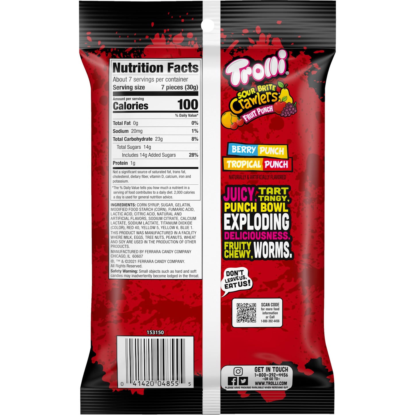 Trolli Sour Brite Crawlers Candy, Fruit Punch Flavored Sour Gummy Worms, 7.2 Ounce (Pack of 2)