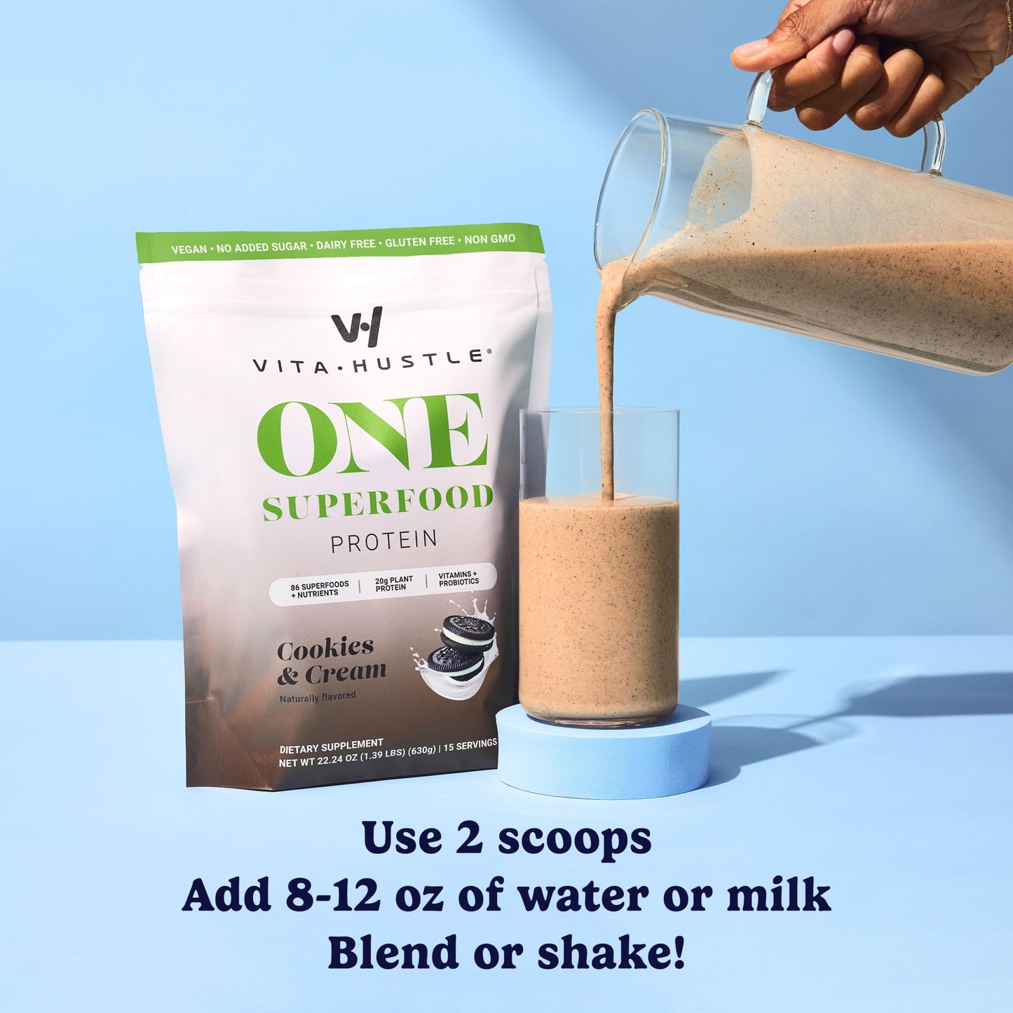 VitaHustle ONE Superfood Meal Replacement Shake, Vegan Protein Powder, 15 Servings, Cookies & Cream Flavor