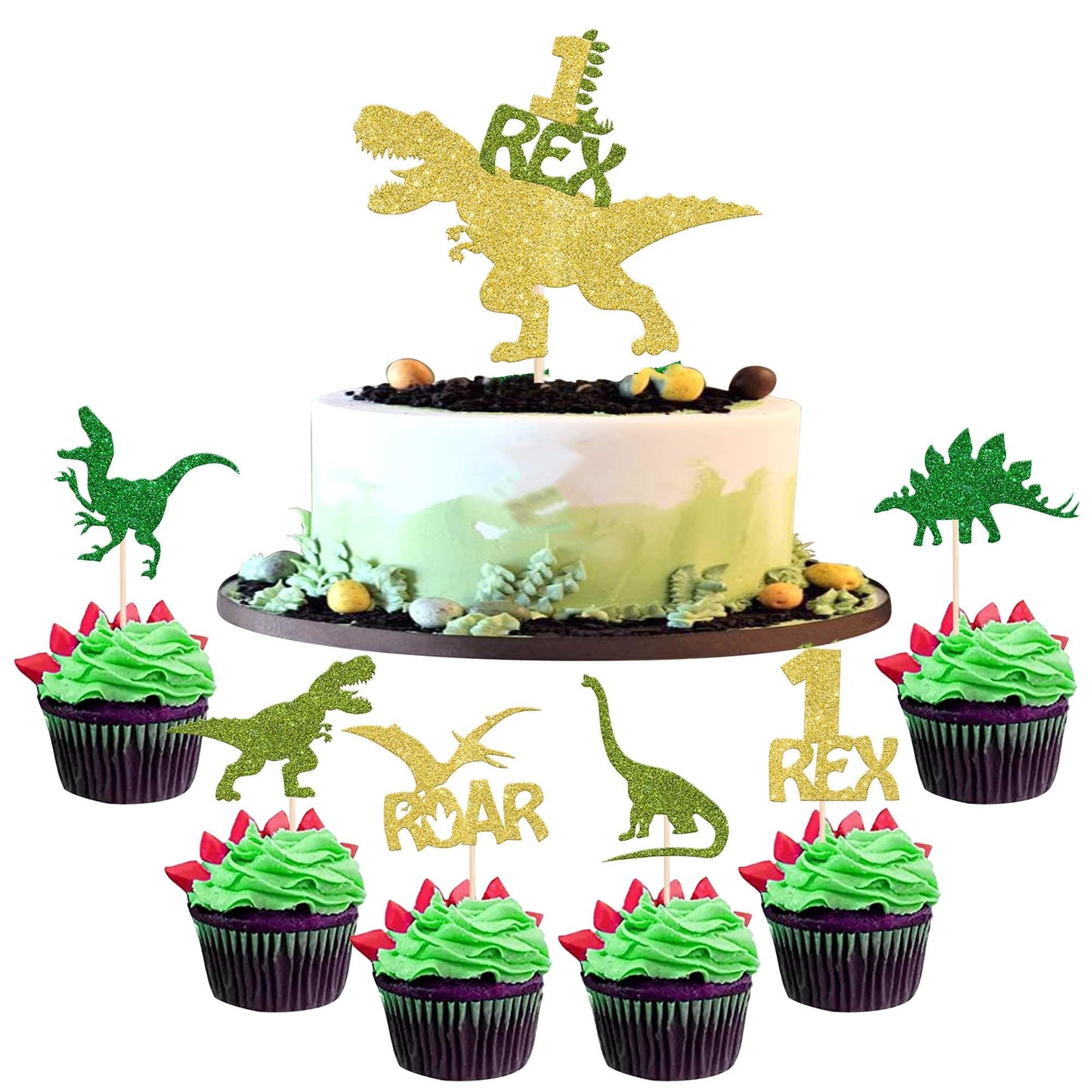 YCTHUNFISH 25 Pack Dinosaur Cupcake Toppers Glitter Gold 1st Birthday Decorations Baby Shower Supplies