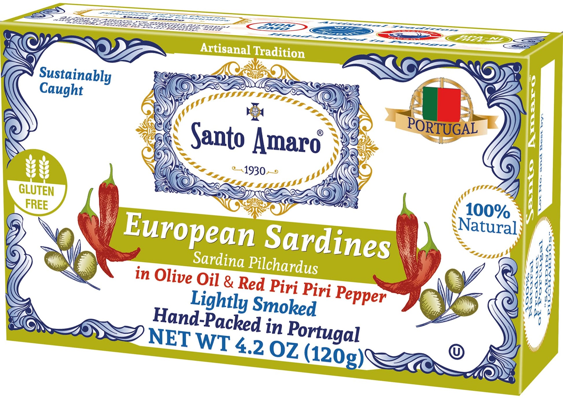Santo Amaro Authentic Sardines in Olive Oil & Piri Piri, 4.2 oz (Pack of 3), Wild Caught, Lightly Smoked, 20g Protein