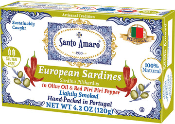 Santo Amaro Authentic Sardines in Olive Oil & Piri Piri, 4.2 oz (Pack of 3), Wild Caught, Lightly Smoked, 20g Protein