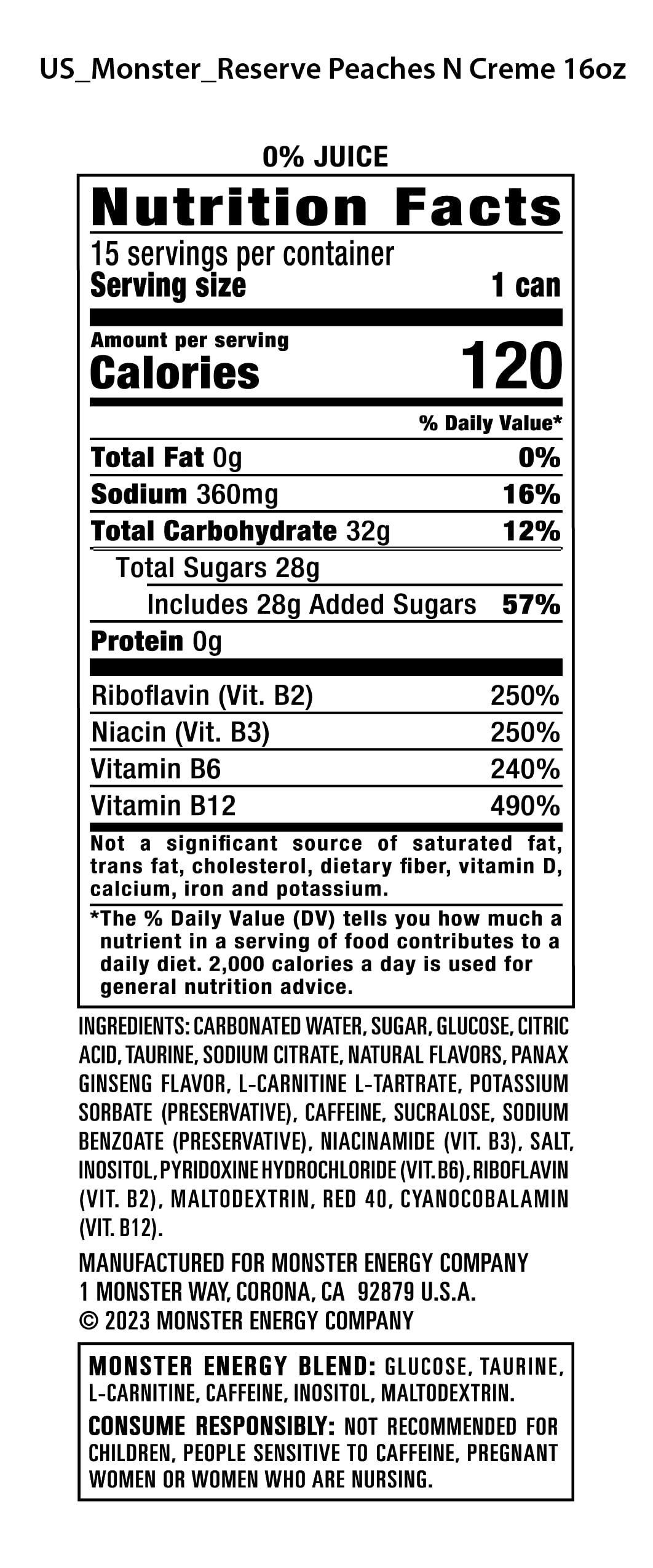 Monster Energy Reserve Peaches N Creme, Energy Drink, 16 Ounce (Pack of 15)