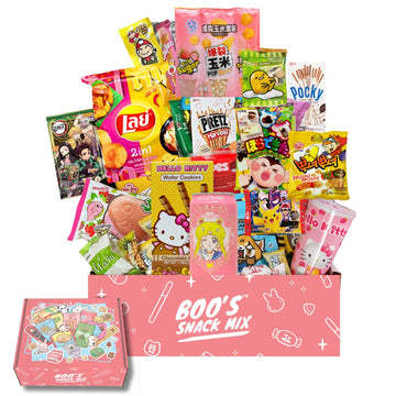 Boos Mystery Snack Box 40 Pieces, 14 Full-Size Snacks. Including mochi , mini ice cream cone, Asian noodles, soda, Variety of Sa