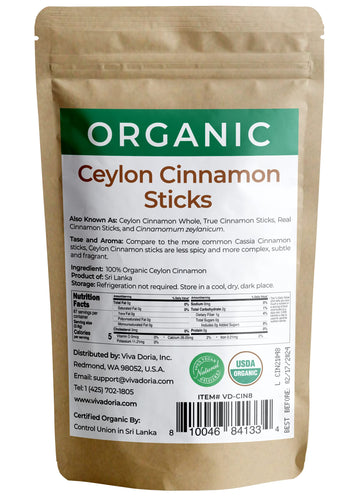 Viva Doria Organic Ceylon Cinnamon Sticks, 3'' Cut, Alba Grade, True Cinnamon, 8 Oz, | 50-55 Sticks | 100% Raw From Sri Lanka