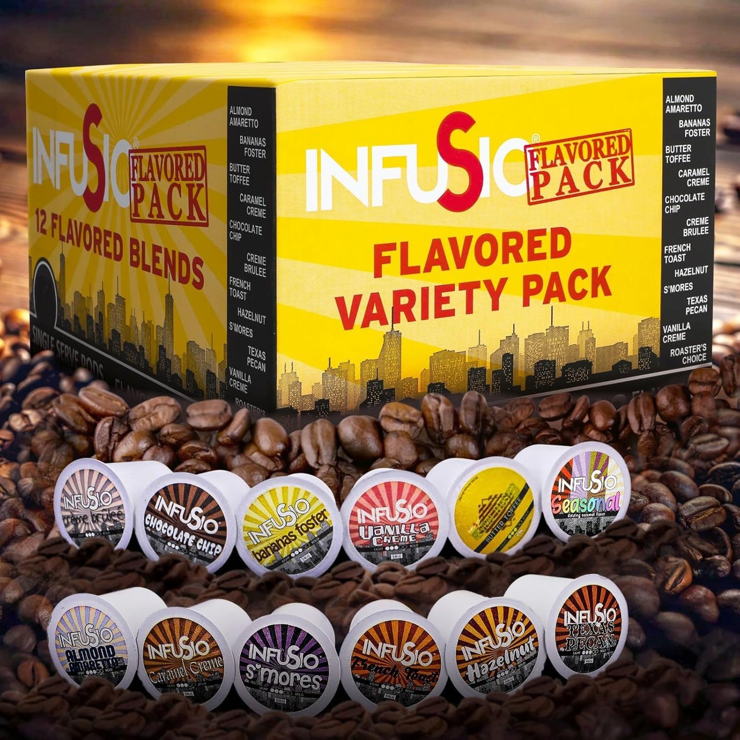InfuSio Flavored Coffee Pods Variety Pack - 48 Count  12 Gourmet Medium Roast Dessert-Inspired Blends like Bananas Foster & Crme Brl?e  Compatible with Keurig K-Cup 2.0 malt-inspired