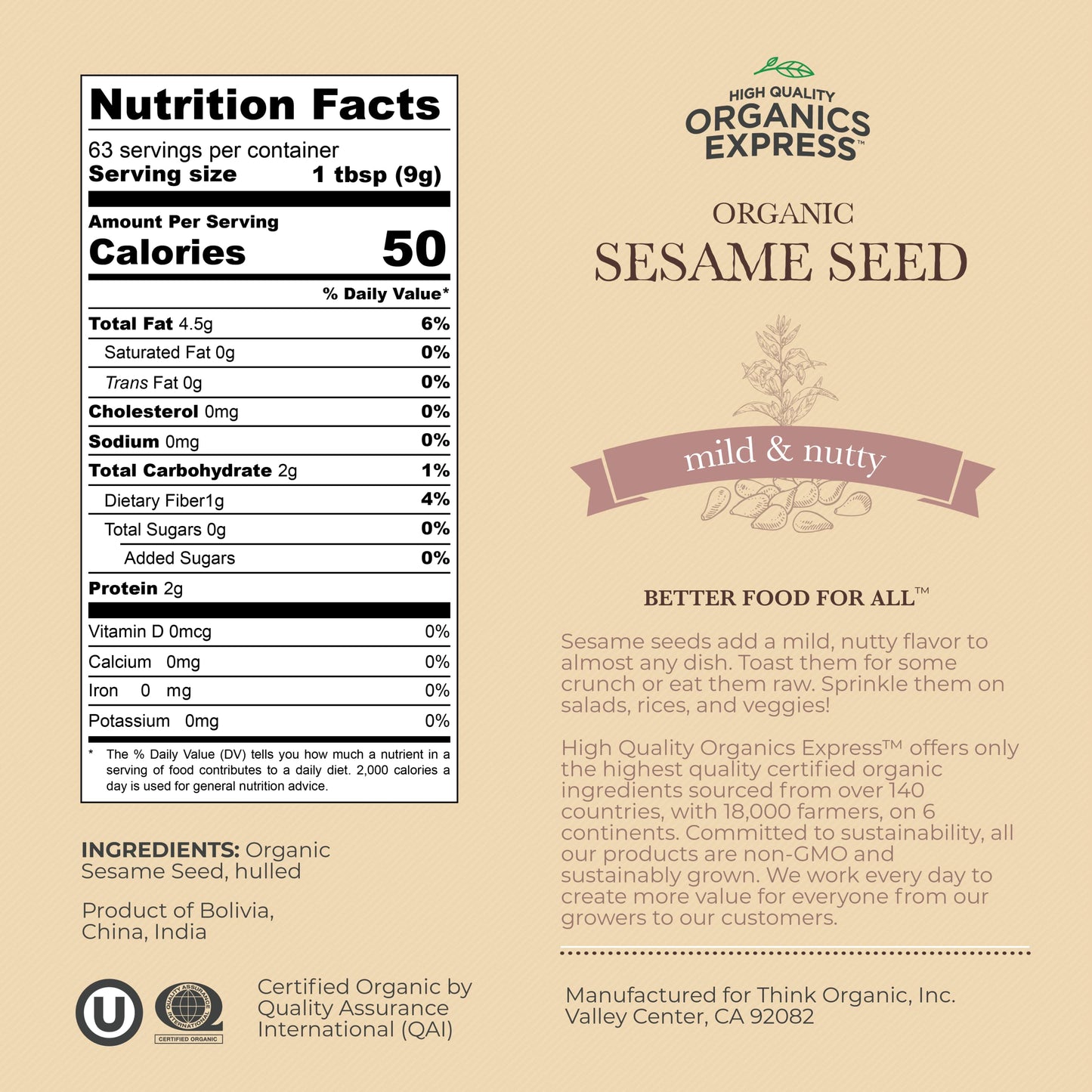 HQO well-made ORGANICS Organic Sesame Seed Chef Jar - 20 oz. (1.25 lb)