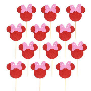 Arthsdite 24Pcs Mouse Inspired Cupcake Toppers With Pink Bow Red Glitter Mouse Cake Decorations For Baby Shower Wedding Kids Bir
