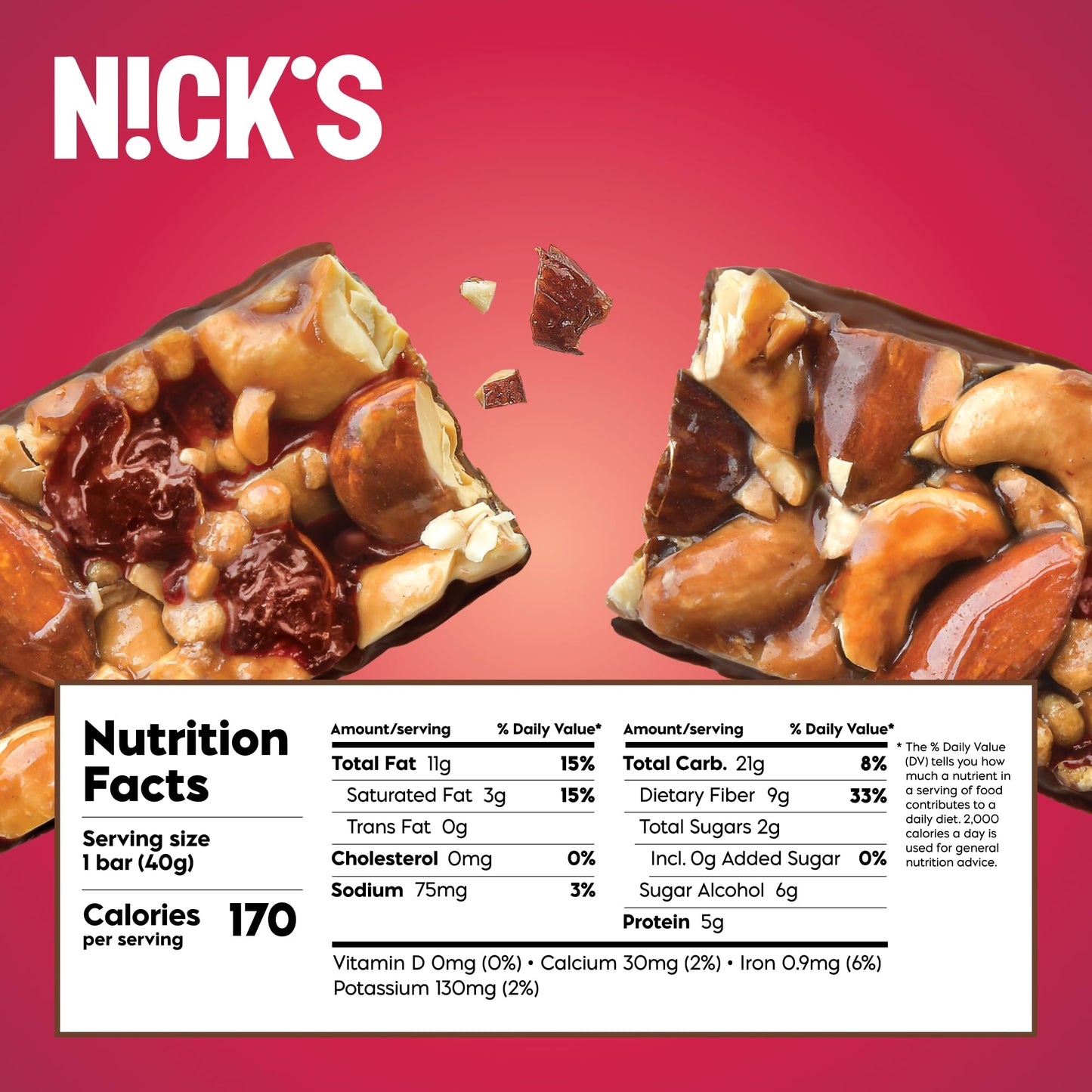N!CKS Nut Snack Bars - Low Sugar, 3g Net Carbs, Vegan - Cherry Chocolate, Pack of 12
