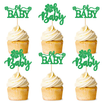 Ercadio 24 Pack St Patrick's Day Lucky Four Leaf Oh Baby Cupcake Toppers Four Leaf Oh Baby Cupcake Picks for st.Patricks Day Bab