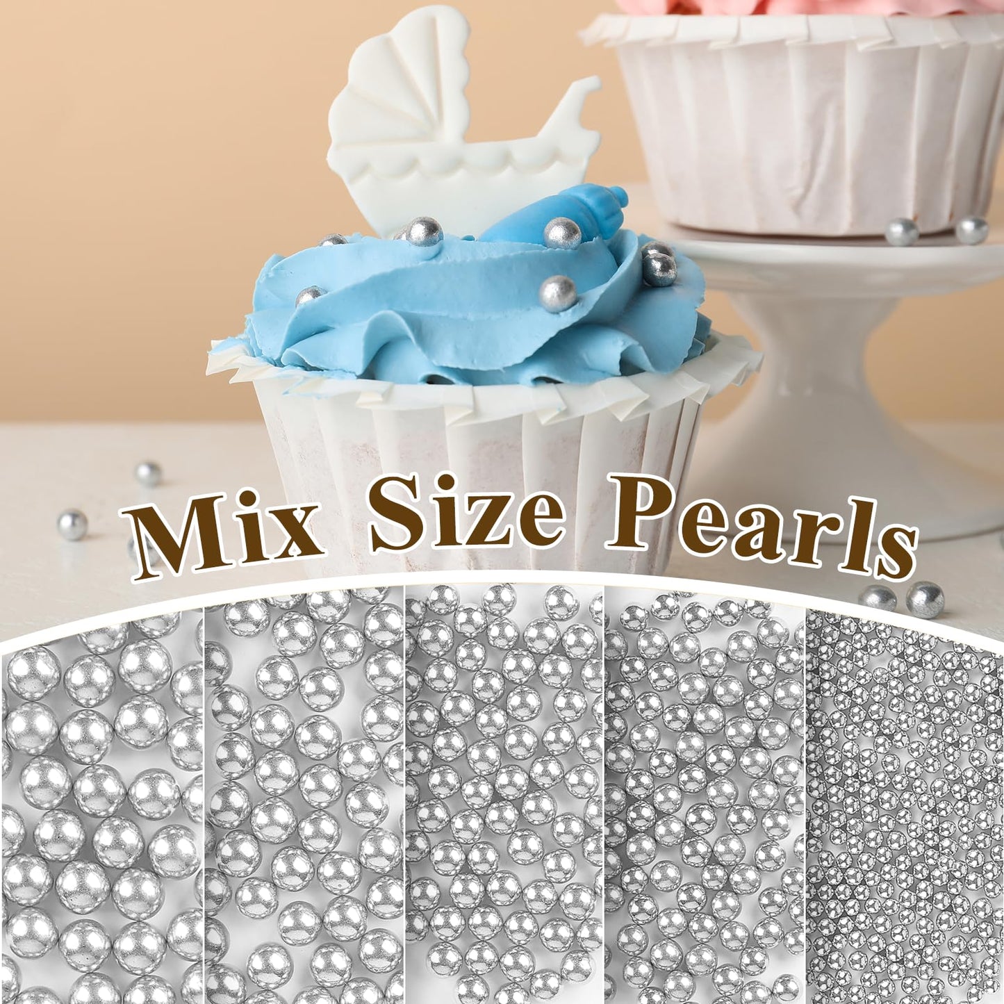 Twisweet Silver Pearl Sprinkles for Cake Decorating, Edible Sugar Pearls for Baking, Mix Size, Cake Topper Cupcake Cookie Ice Cr