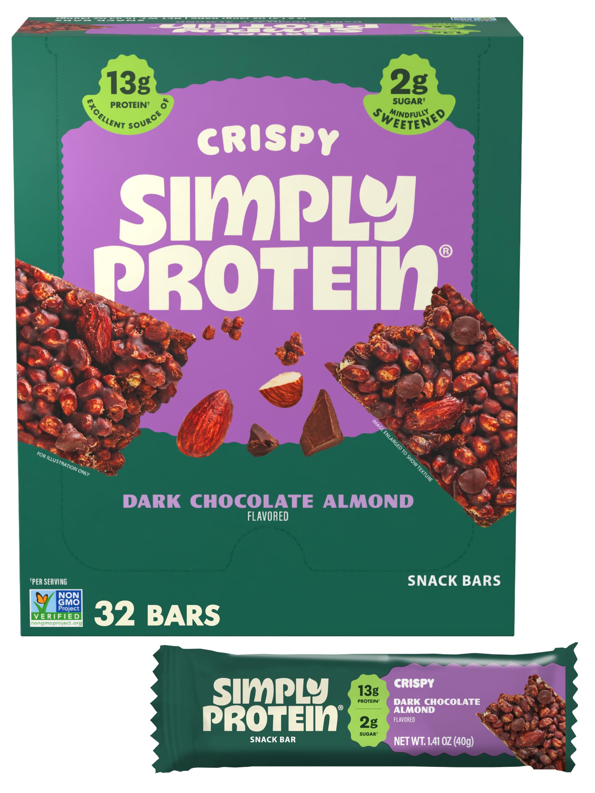 Simply Protein - Dark Chocolate Almond Crispy Bars - Plant Based Protein Bars - Low Carb  Low Sugar  High Fiber - 13g Protein  2g Sugar  7g Fiber - Vegan  Gluten Free  Non GMO  Kosher - 32 Bars