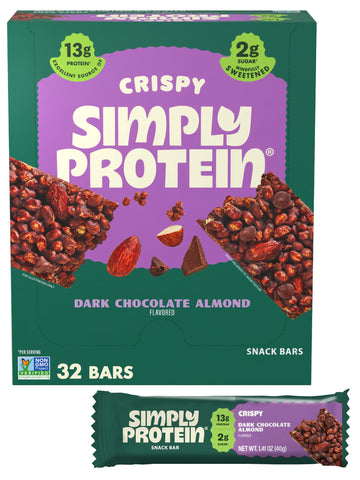 Simply Protein - Dark Chocolate Almond Crispy Bars - Plant Based Protein Bars - Low Carb  Low Sugar  High Fiber - 13g Protein  2g Sugar  7g Fiber - Vegan  Gluten Free  Non GMO  Kosher - 32 Bars