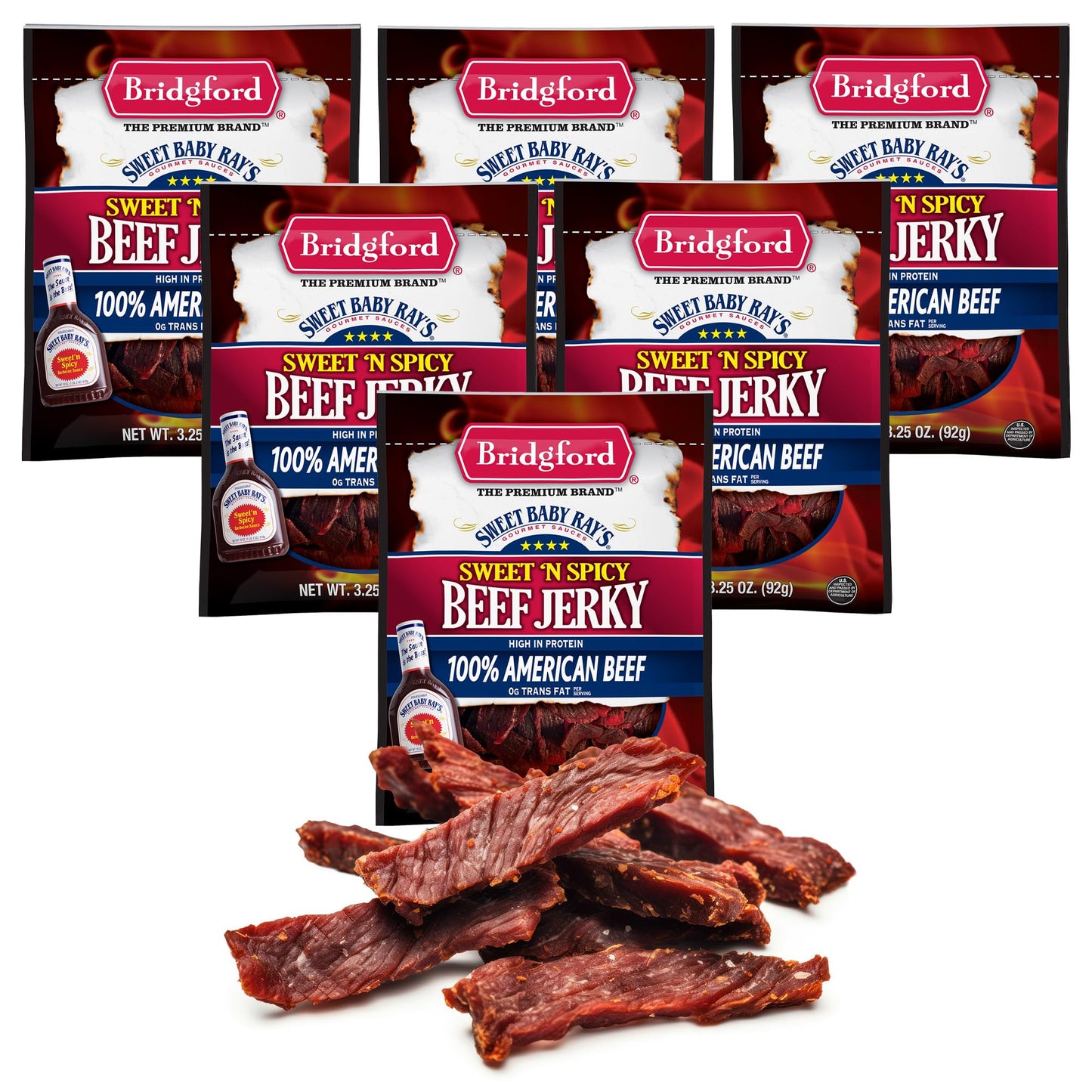Bridgford Sweet Baby Rays Beef Jerky Sweet N Spicy 3.25 oz Pack of 6 - High Protein Sweetened Spicy Beef Jerky for Your Dietary 