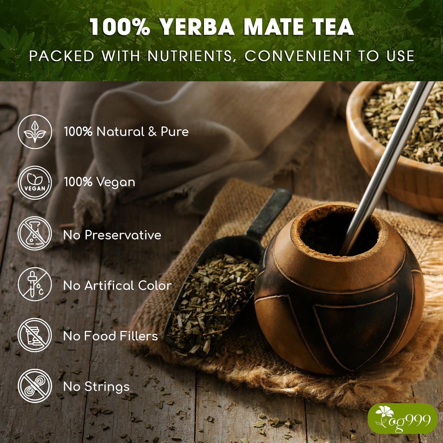 TOG999 Yerba Mate Tea Bags, Hi-Caffeine, Unsmoked, 60 Bags, Rich in Antioxidants, Fresh from Argentina