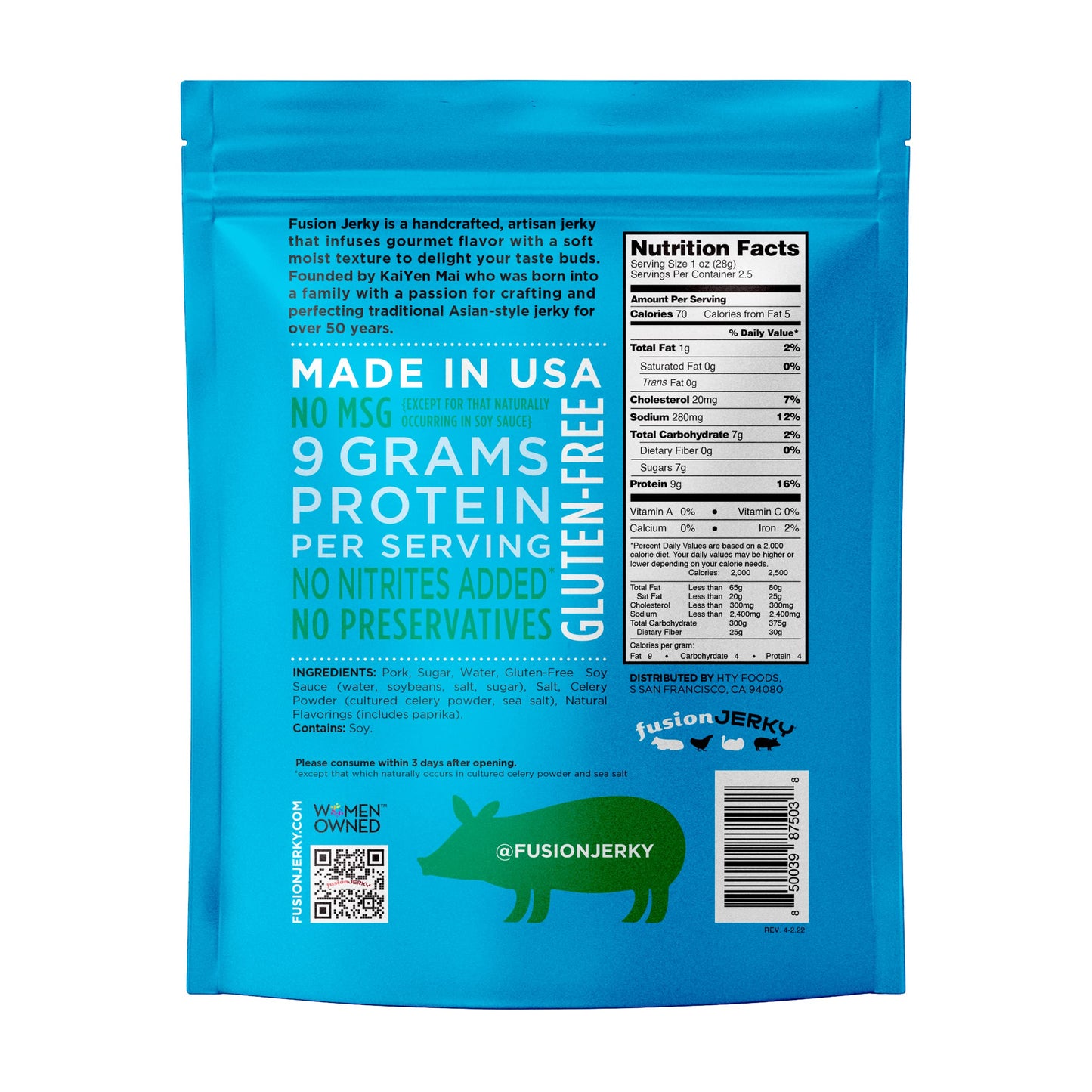 fusionJerky Artisan Pork Jerky, Grilled Island Teriyaki, 2.5 oz, Gluten Free, No Nitrates, No MSG, Made in USA