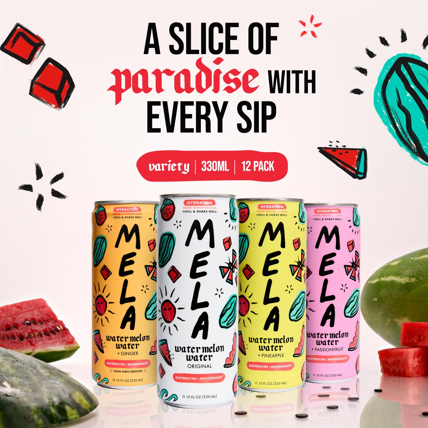 Mela Watermelon Water - Watermelon Juice, 100 Percent Natural Fruit Juice with Vitamin C, Electrolytes, Antioxidants - Coconut Water Alternative, Gluten-Free (Variety, 11.15 fl oz, 12-pack)