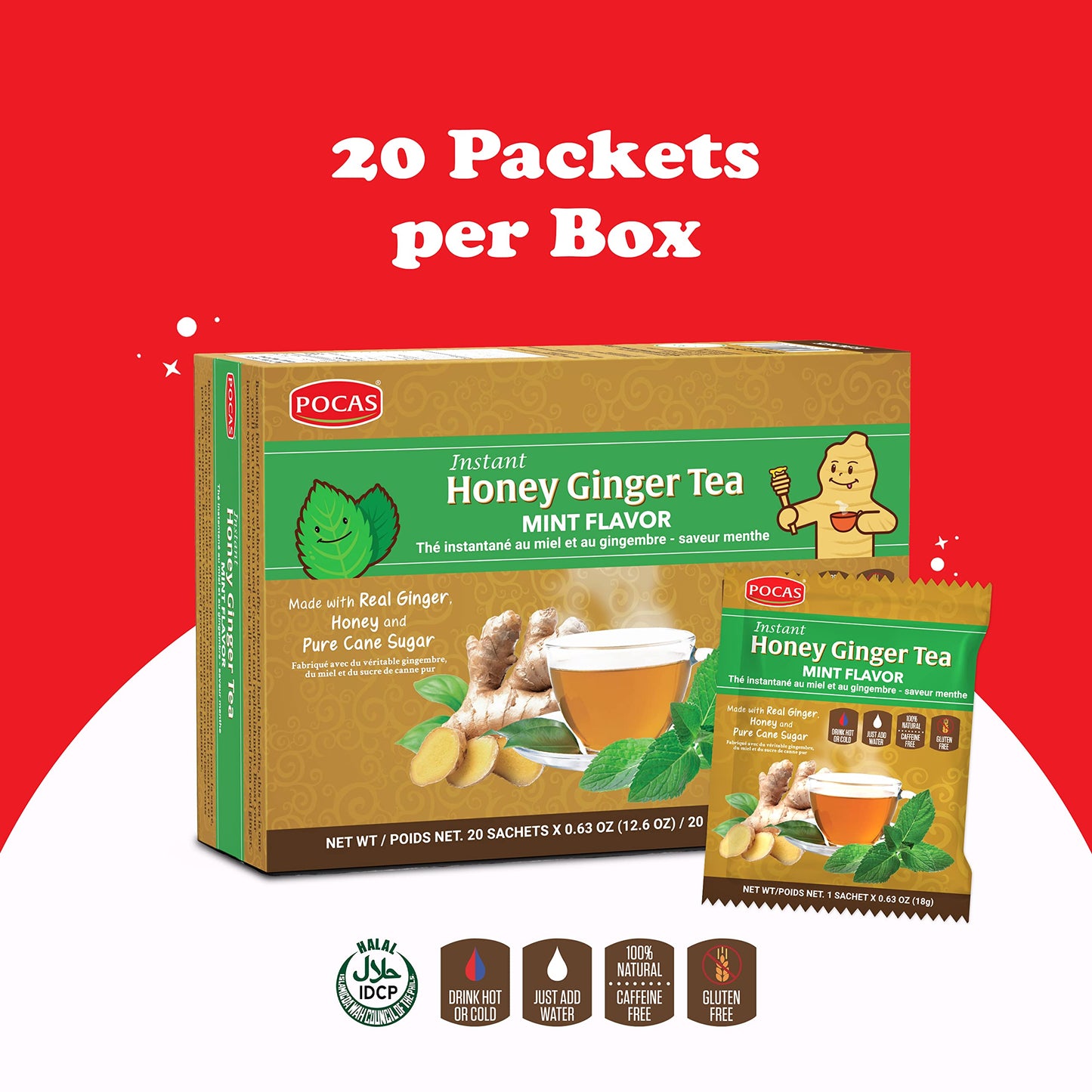 Pocas Honey Ginger Instant Tea Powder, Mint Flavor, Caffeine-Free, 20 Packets
