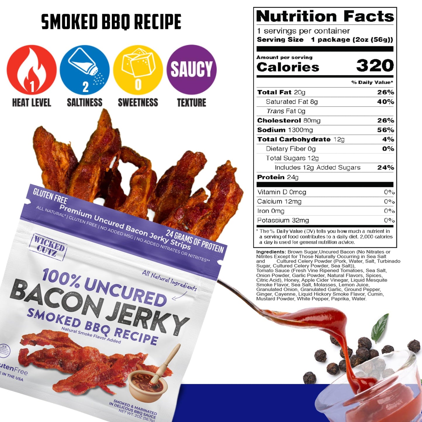 Wicked Cutz Smoked BBQ Bacon Jerky, 24g Protein, Tender & Easy to Chew, 2 Ounce (Pack of 2)