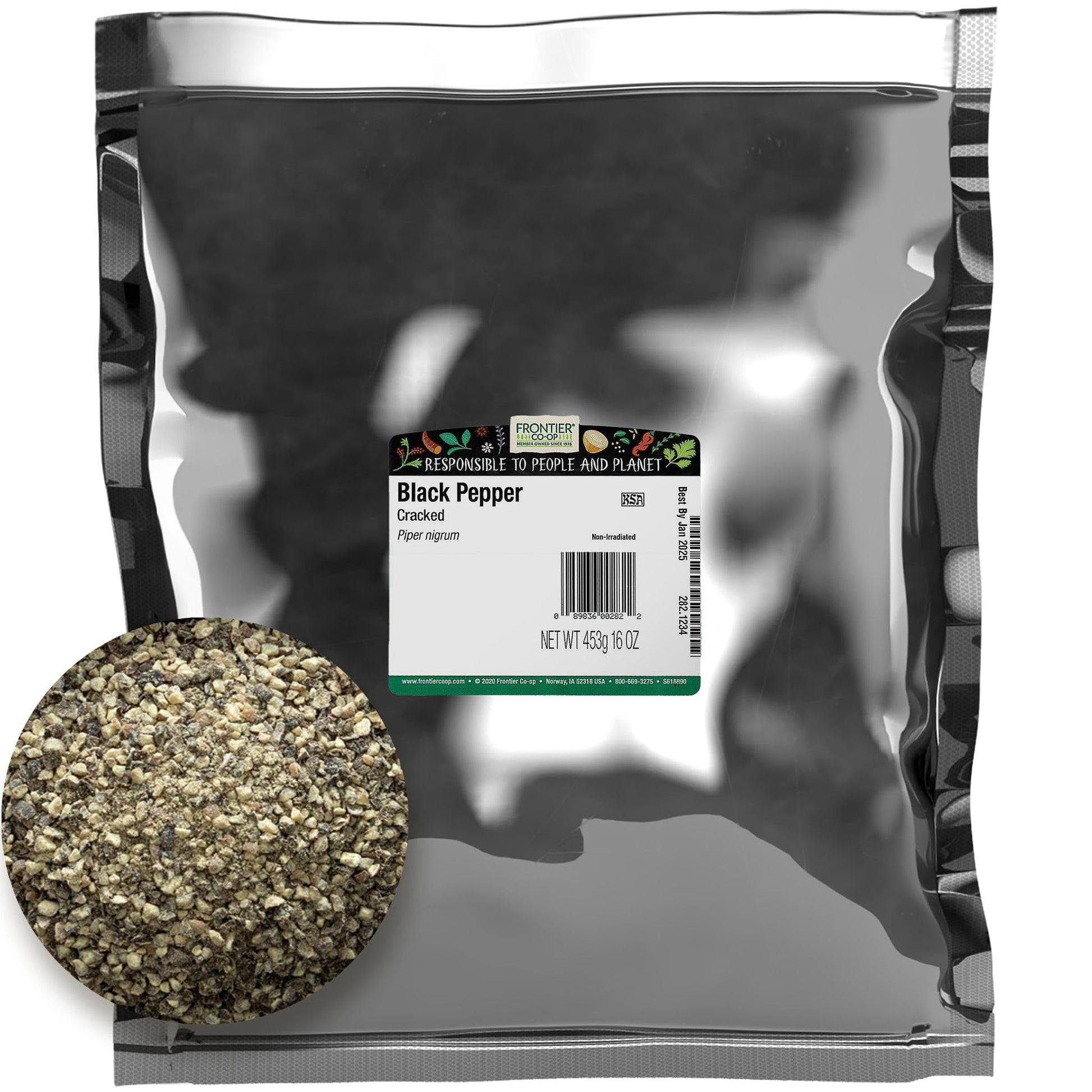 Frontier Co-op Pepper, Black Cracked, Kosher | 1 lb. Bulk Bag | Piper nigrum L.