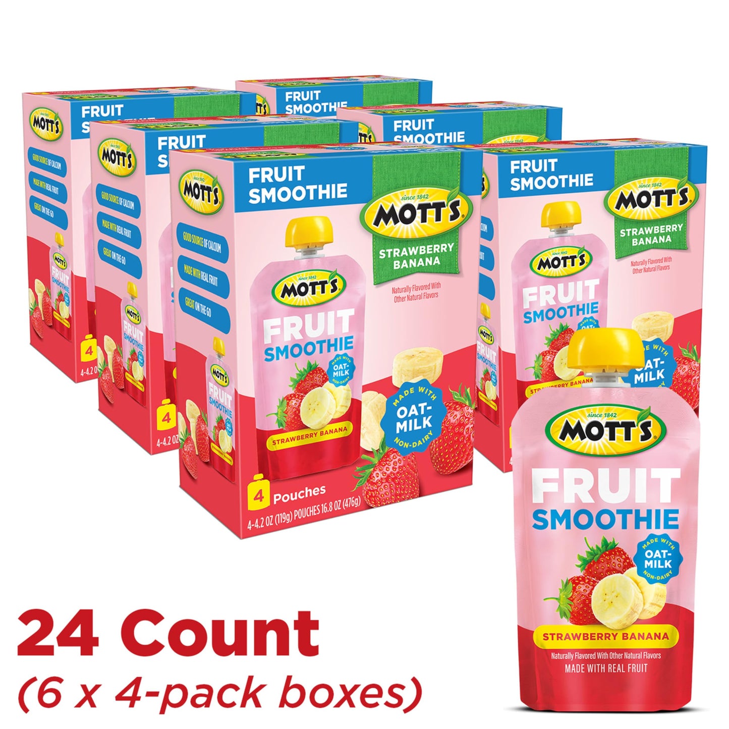 Motts Fruit Smoothies Strawberry Banana, 4.2 oz Clear Pouches, 24 Count (6 Packs of 4), Non-dairy, Made With Oatmilk, Made With