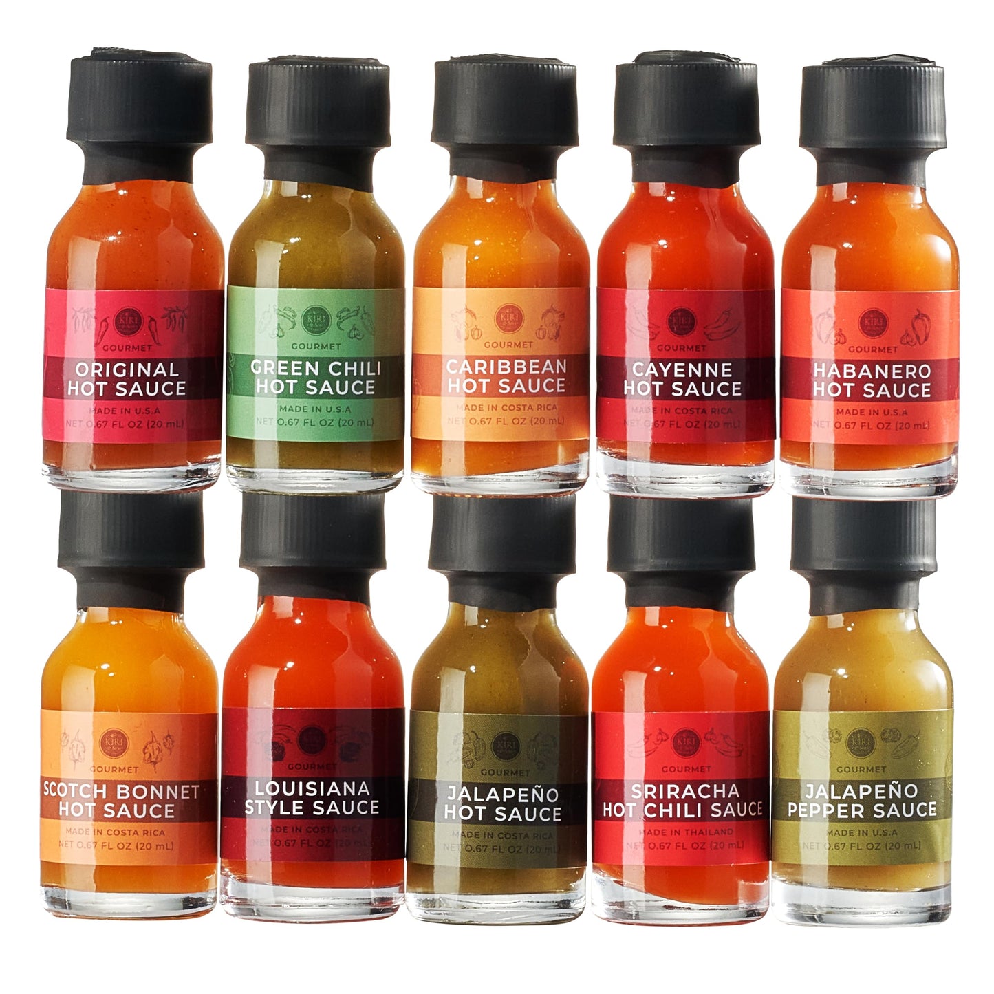 Kiri & Sons Gourmet Hot Sauce Sampler Gift Set of 10 for Fathers Day, Flavors Include Habanero, Scotch Bonnet, Jalapeno, Srirach
