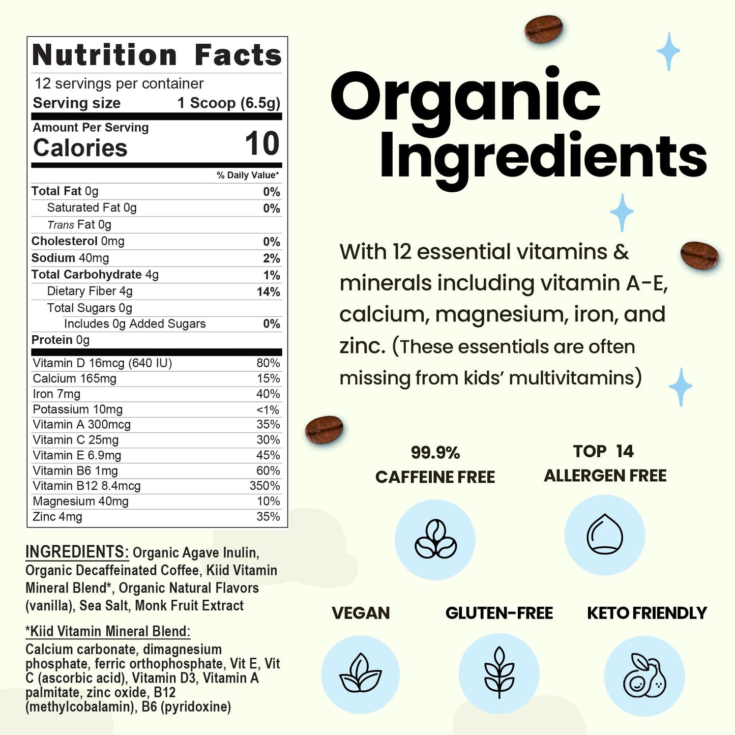 Kiid Coffee - 99.9% Caffeine-Free Organic Coffee for Kids - As Seen on Shark Tank - 12 Vitamins & Minerals  4g Prebiotics  0g Sugar - Non-GMO & Gluten-Free - Healthy Snack - Original - 12 Servings