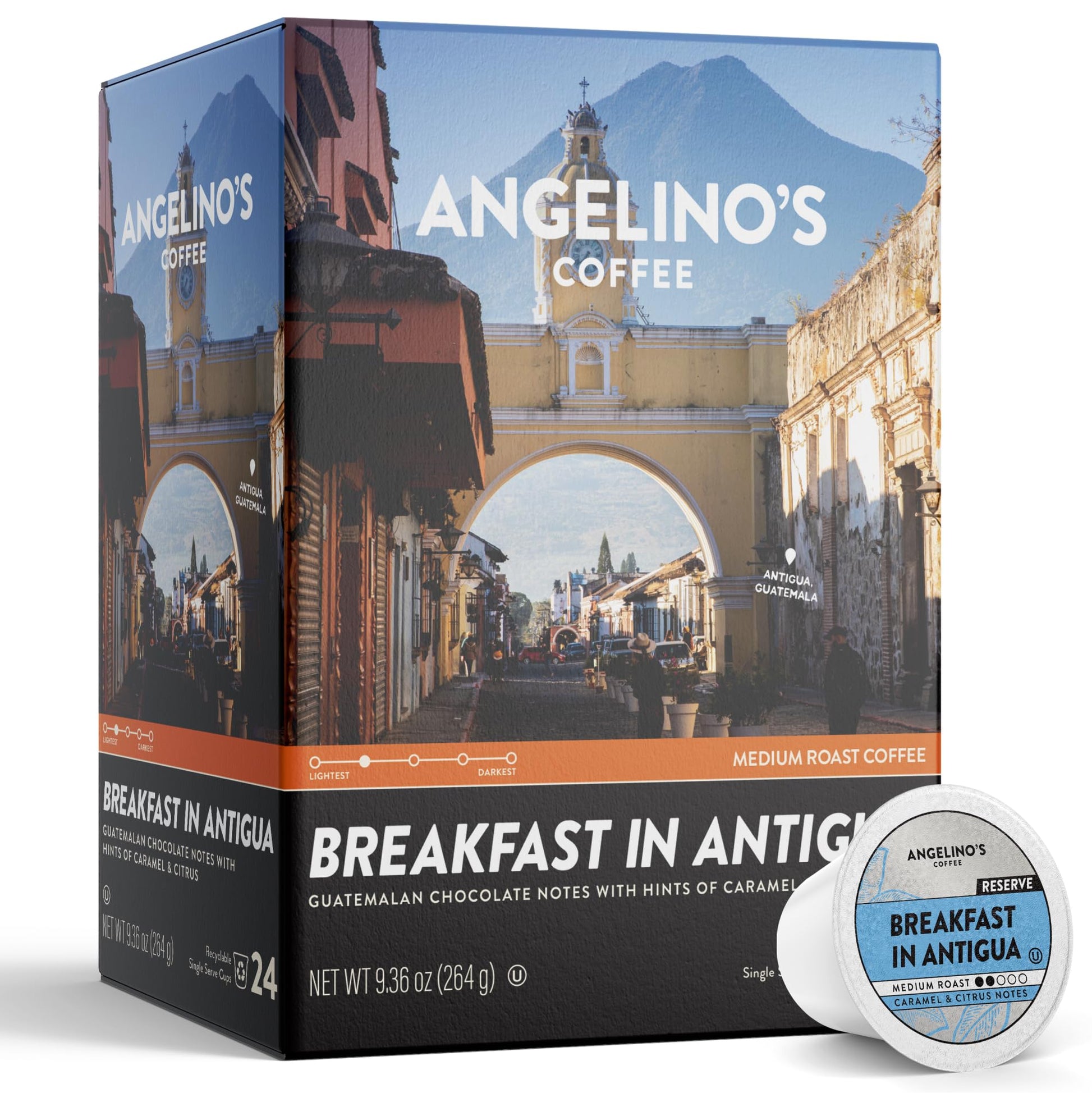 Angelinos Coffee Breakfast in Antigua Coffee Pods - Breakfast Blend Coffee K Cups Compatible  Medium Roast Coffee  Reserve  Chocolate & Caramel Notes  Citrus Hints  Guatemala Origin  24 Count - enhanced Breakfast Blend Coffee for Keurig Machines