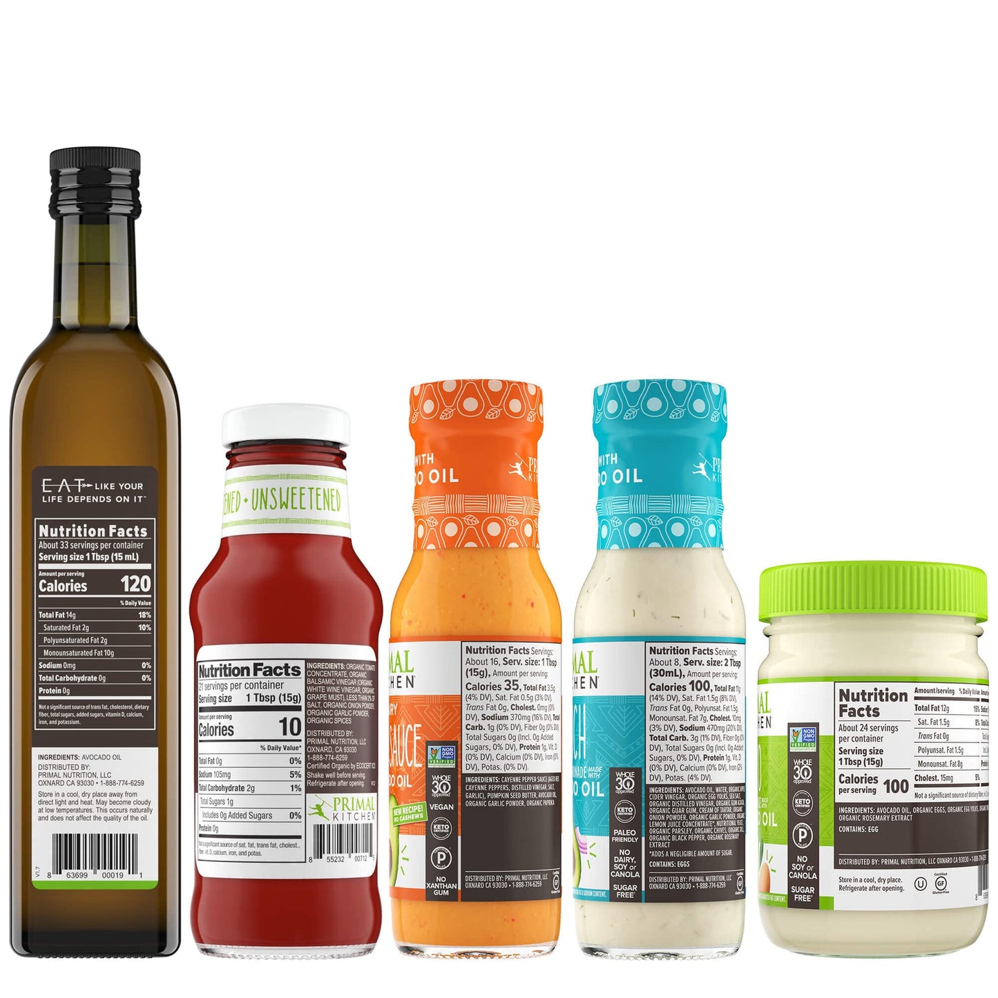 Primal Kitchen Avocado Oil Condiment Starter Kit: Avocado Oil, Unsweetened Ketchup, No Dairy Buffalo Sauce, No Dairy Ranch Dressing, And Avocado Oil Mayo