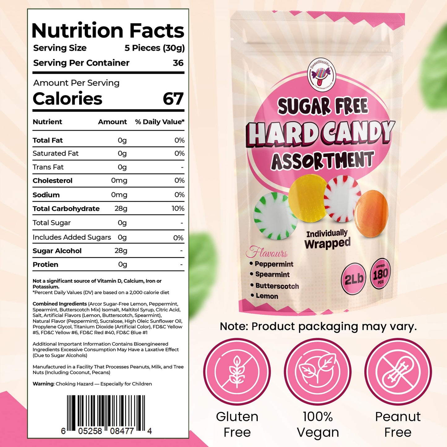 SweetBlissMix Sugar Free Hard Candy Assortment - Lemon, Butterscotch, Spearmint, Peppermint - 2Lbs, Keto Friendly, Individually Wrapped