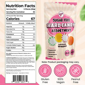 SweetBlissMix Sugar Free Hard Candy Assortment - Lemon, Butterscotch, Spearmint, Peppermint - 2Lbs, Keto Friendly, Individually Wrapped