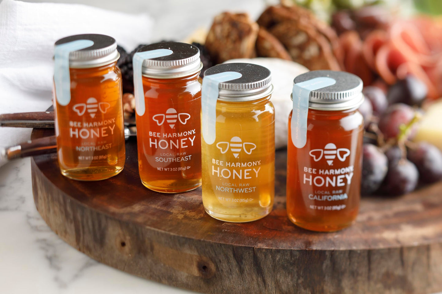 Bee Harmony Coast-To-Coast Honey Flight, Mini Honey Gift Set, 4 Jars, 3 Oz Each, Premium, Raw, Made In The Usa