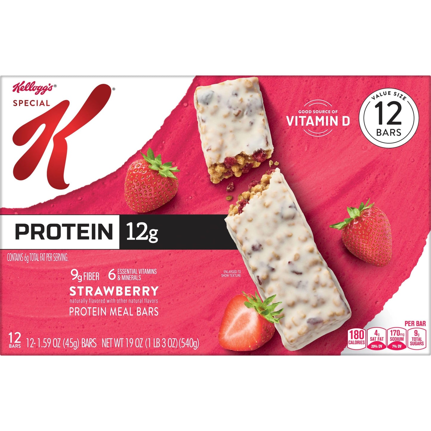 Kelloggs Special K Protein Bars, 12g Protein Snacks, Meal Replacement, Value Size, Strawberry, 19oz Box (12 Bars)