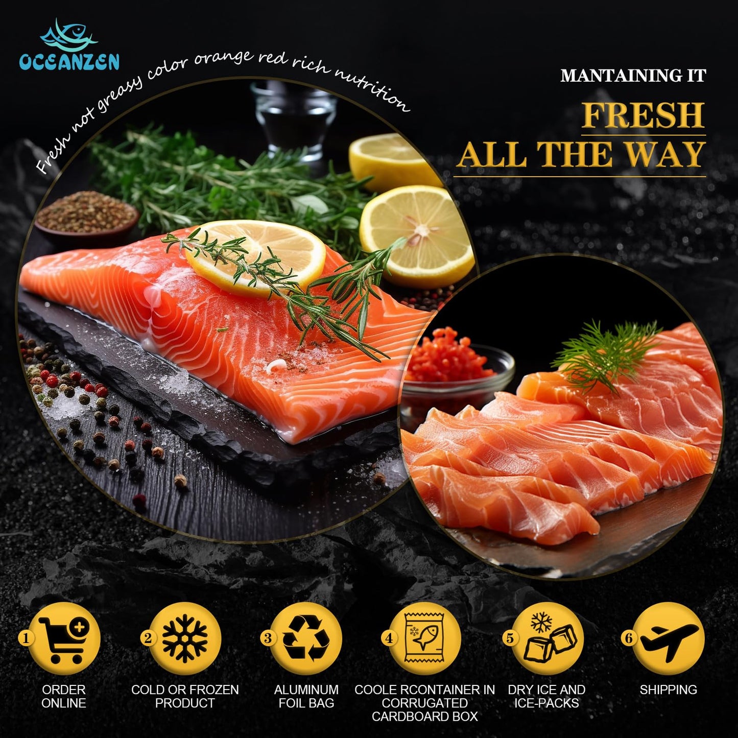 Oceanzen:Premium Quality, Atlantic Salmon -4 Packs Of (2 X 6 Oz Fresh Skinless Fillets) Shipped Frozen,Sashimi Grade - Sustainab