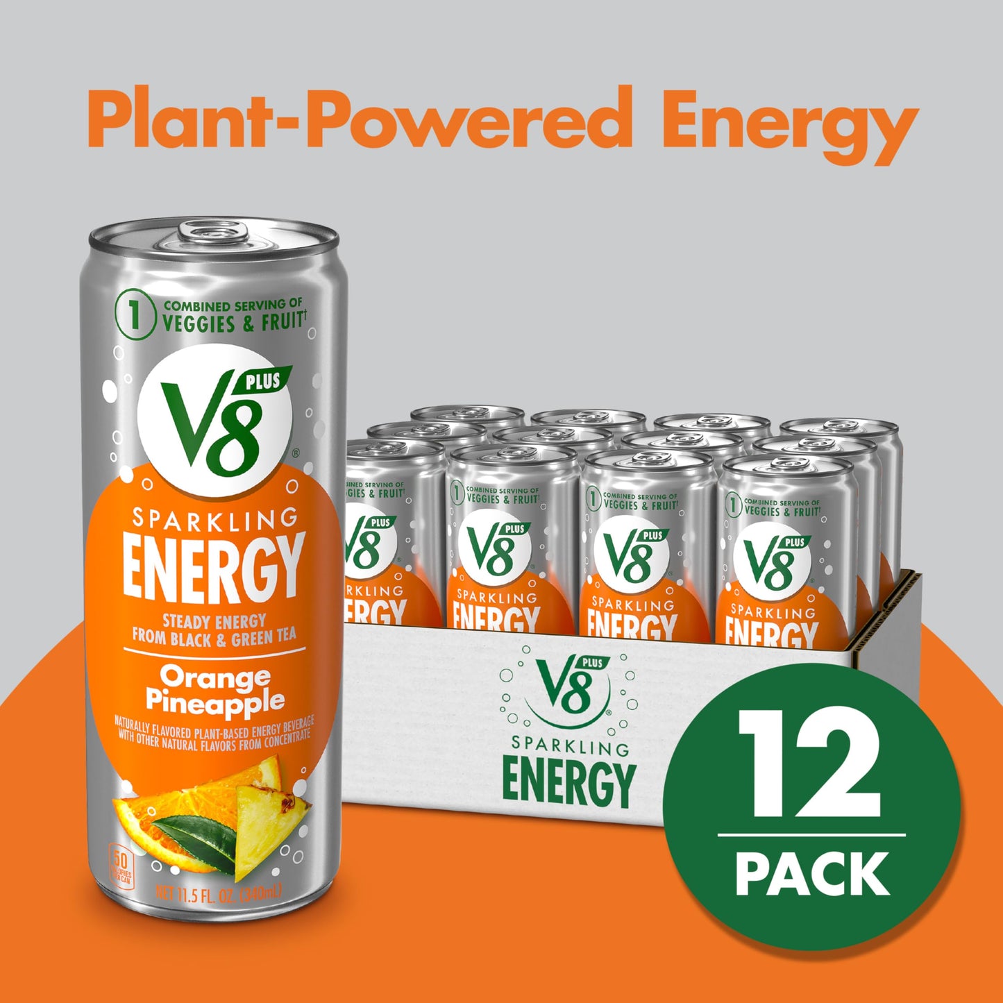 V8 Energy Drink, Sparkling Orange Pineapple, Pack of 12 (11.5 fl oz)