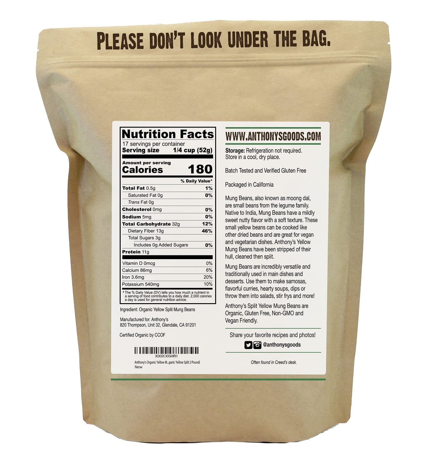 Anthonys Organic Split Yellow Mung Bean, 2 lb, Moong Dal, Gluten Free, Non GMO, Vegan