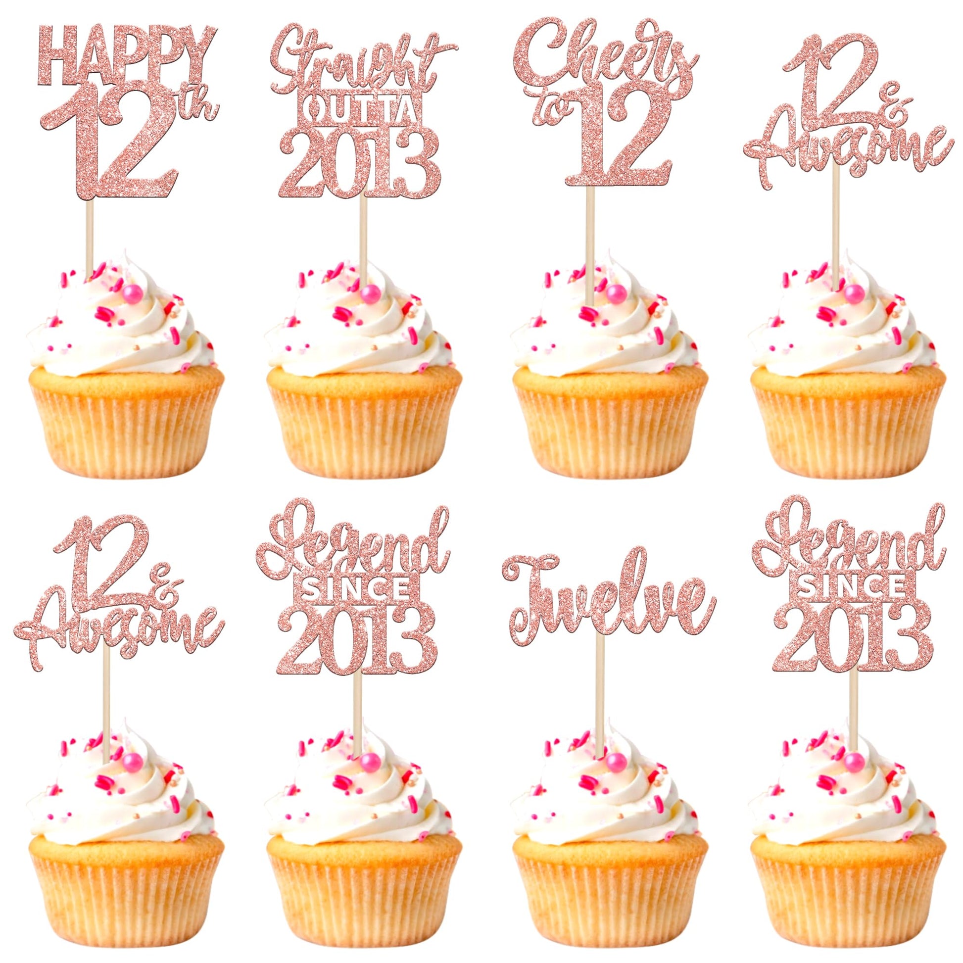 ZHUOWEISM 24PCS 12th Birthday Cupcake Toppers Rose Gold Decorations for 12th Birthday Party Supplies