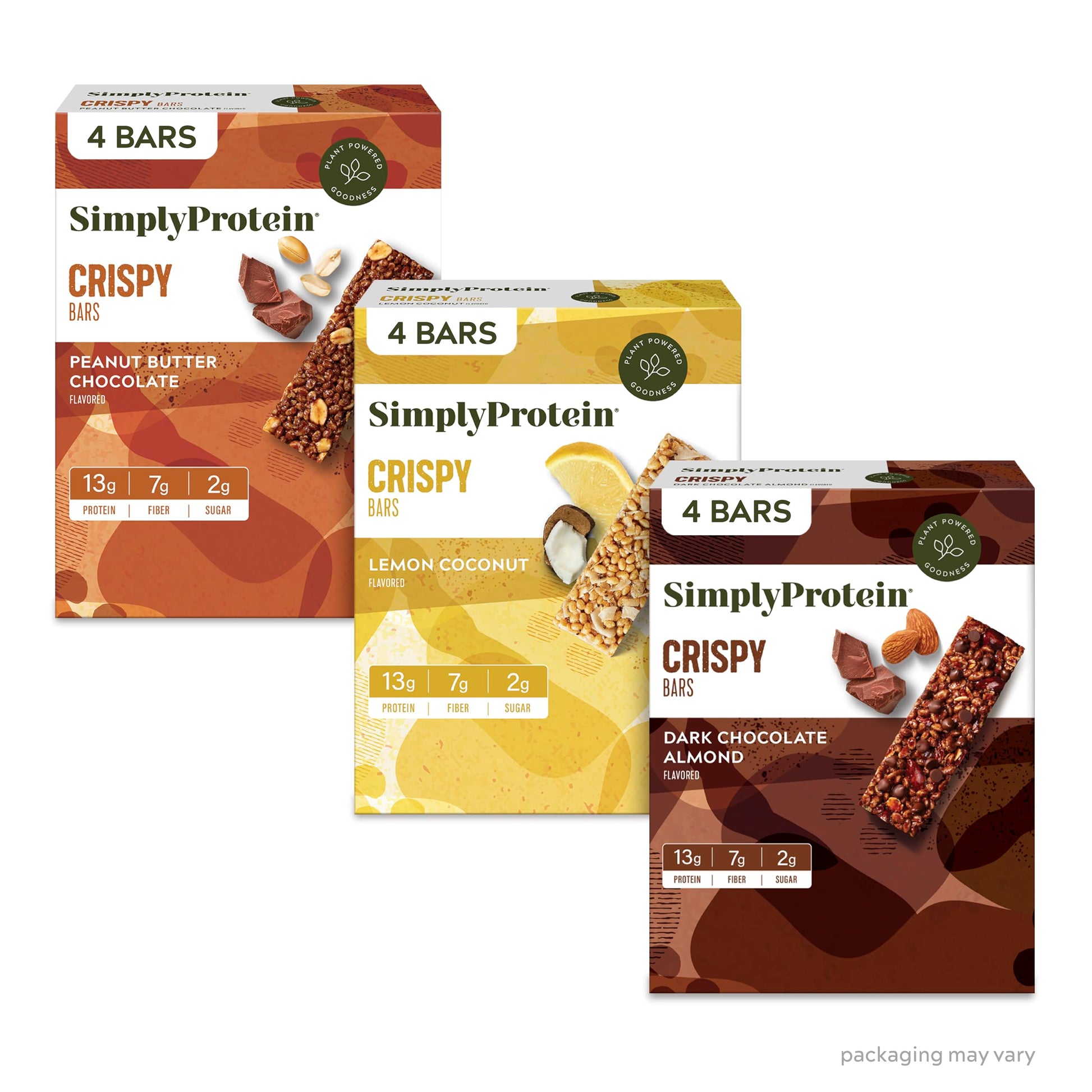 Simply Protein - Crispy Bars Variety Pack, 3 Flavors - Plant Based Protein Bars, Protein Snacks - 13G Protein, 2G Sugar, 7G Fibe