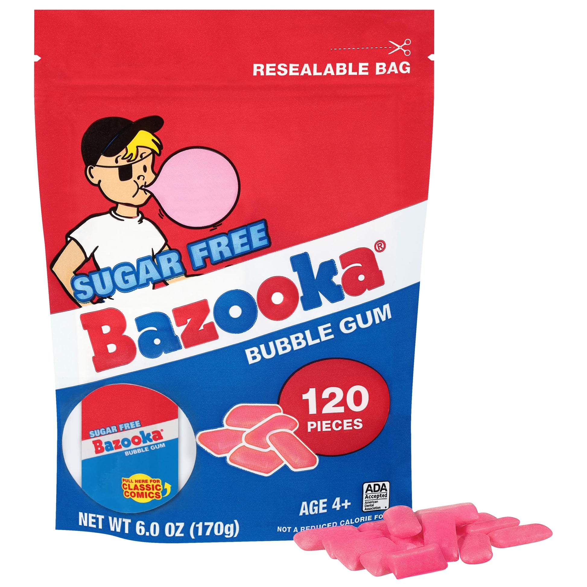 Bazooka Bubble Gum Pellets, Sugar-Free, 120 Ct, Pink Flavor, Resealable Bag, Model 20305