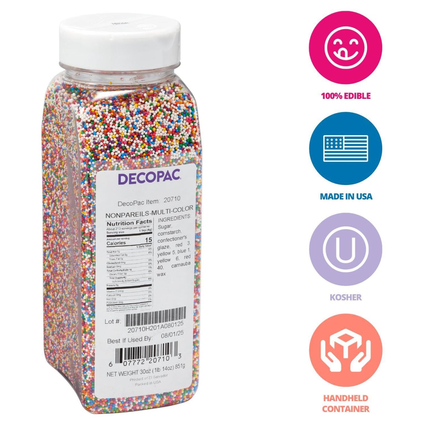 Decopac Multi-Colored Nonpareils, 30Oz/85G, Fancy Sprinkles In Handheld Container, Edible Sprinkles For Celebration Cakes, Cupca