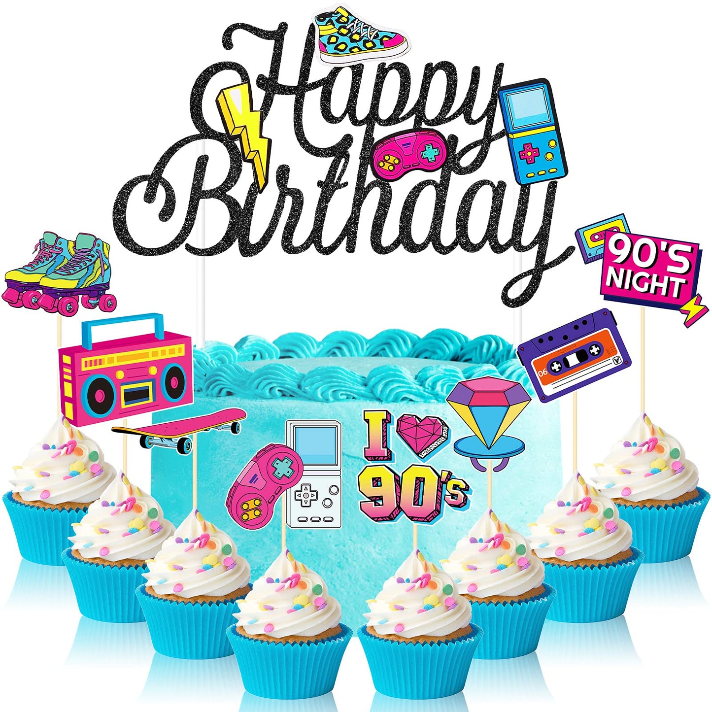 41 Pieces 90'S Retro Theme Cupcake Toppers 90'S Birthday Party Cake Toppers 90'S Retro Party Cake Dessert Diy Decoration For Bir