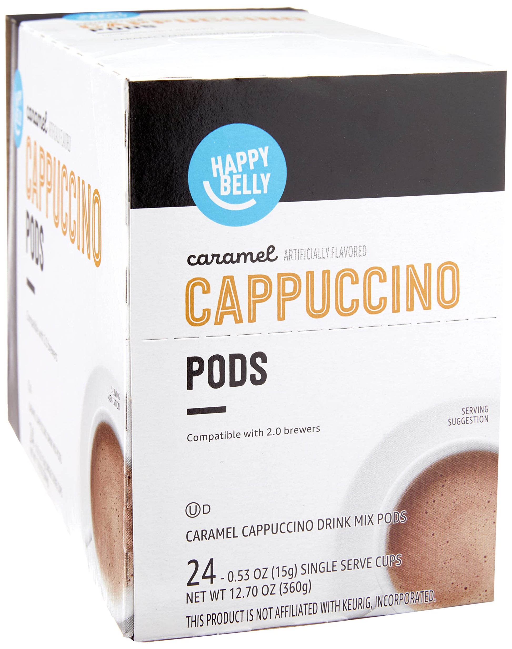 Happy Belly Cappuccino Coffee Pods, Light Roast, Caramel Flavor, 24 Count, Creamy Tan