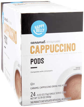 Happy Belly Cappuccino Coffee Pods, Light Roast, Caramel Flavor, 24 Count, Creamy Tan