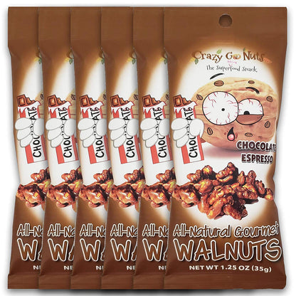 CrazyGoNuts Walnuts - Chocolate Espresso, 1.25 oz, 6-Pack, Healthy Snacks, Vegan, Gluten Free, Superfood, Natural, Non-GMO, ALA,